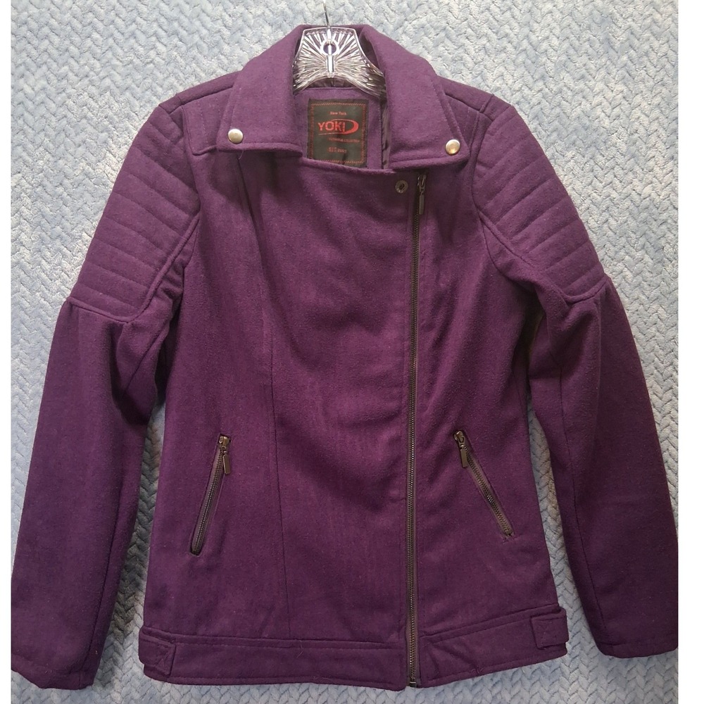 Yoki Outerwear Purple Wool Blend Moto Jacket Quilted Shoulder Asymmetrical Zip M